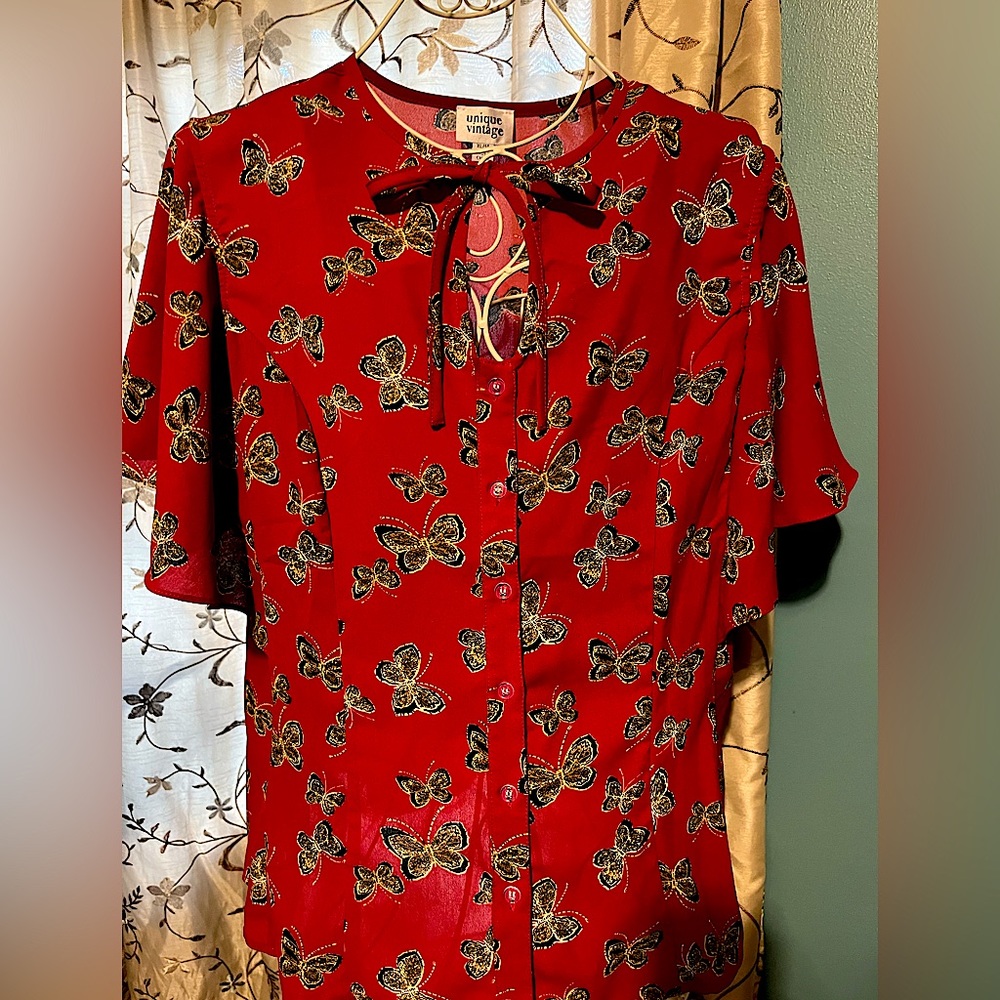 Unique Vintage Red Butterfly Cape Sleeve Tie Neck Blouse XL 14